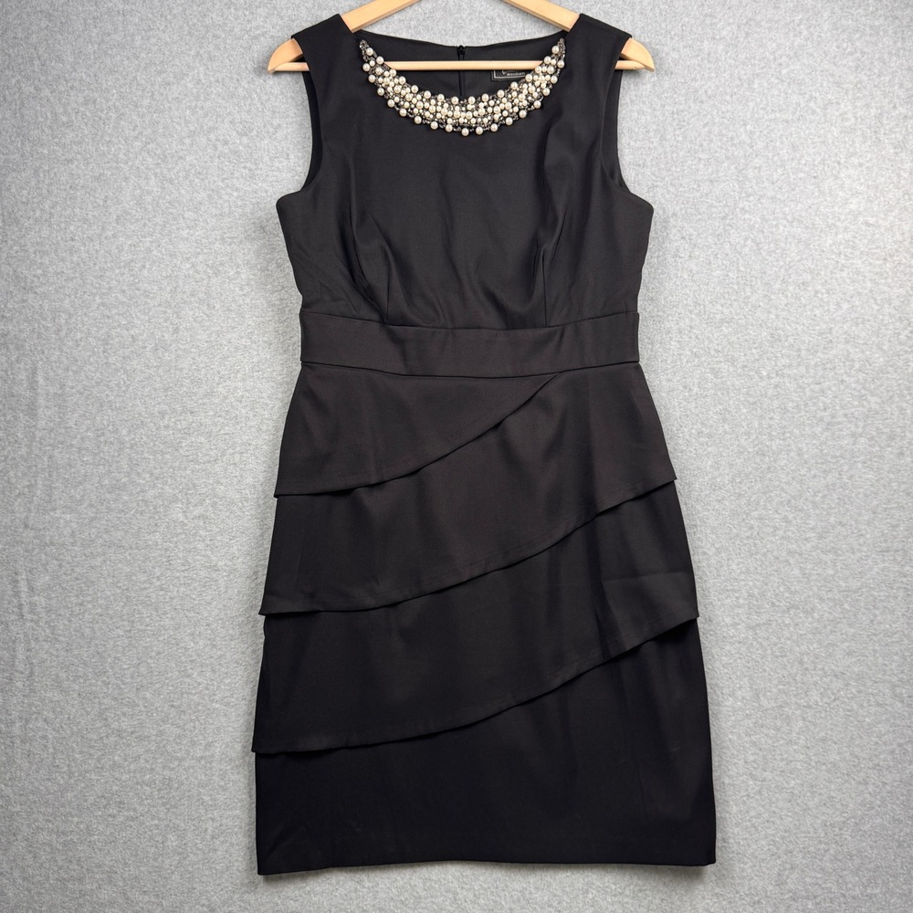 Dressbarn Dress Womens 10 Black Beaded Pearl Neck Tiered LBD Sheath Formal NEW